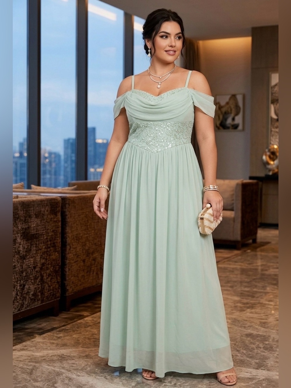 Miusol Light Sage Green Cold-Shoulder Maxi Gown
